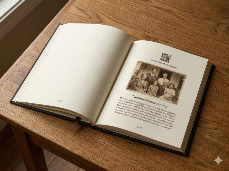 Interior del libro con fotos familiares y código QR para escuchar la grabación original