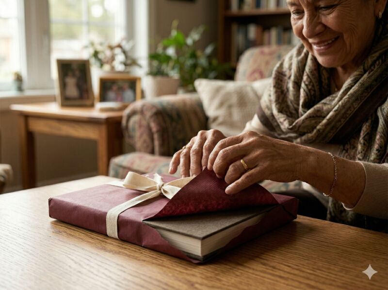 Abuela abriendo su libro de memorias como regalo
